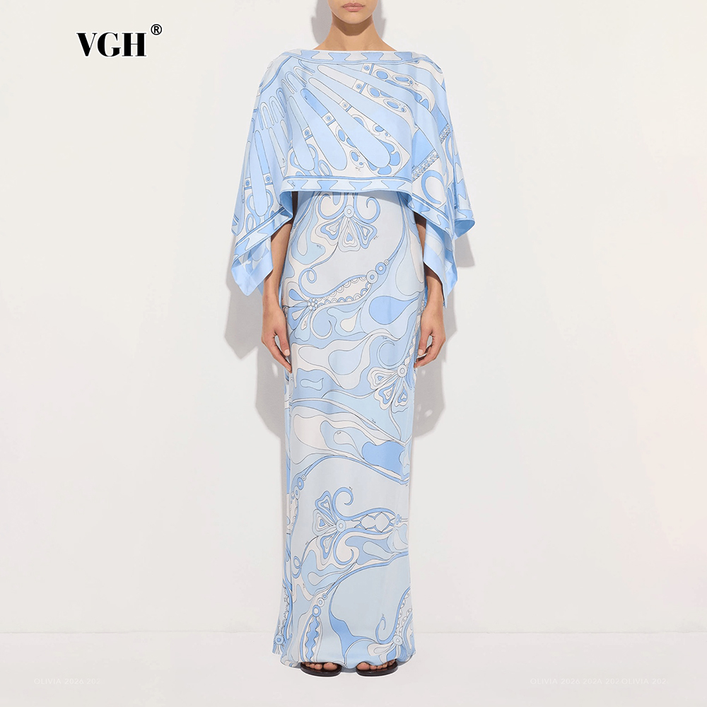 Formal Women'S Wear - ชุดเซ็ตสองชิ้นลายพิมพ์นามธรรมสีฟ้าอ่อน VGH สำหรับผู้หญิง ชุดเดรสเข้ารูปพร้อมเสื้อคลุมคอวีทรงหลวมสำหรับงานแต่งงาน งานกาล่า