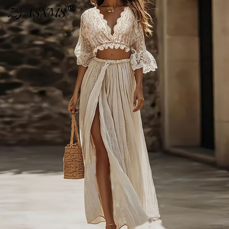 Formal Women'S Wear - ชุดเซ็ตสองชิ้นสไตล์โบฮีเมียนสำหรับผู้หญิง เสื้อครอปคอวีลึกเซ็กซี่+กระโปรงแม็กซี่ผ่าสูงเอวสูง ชุดเที่ยวพักผ่อน แขนบาน แต่งลายฉลุ