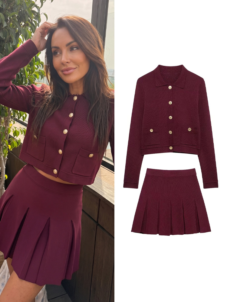 Women Formal Wear For Summer - ชุดเซ็ตกระโปรงสีแดงถักนิตติ้งสำหรับผู้หญิง ดีไซน์หรูหรา ปกเสื้อแบบลา펠 กระดุมแถวเดียว แขนยาว เสื้อคลุมคาร์ดิแกน