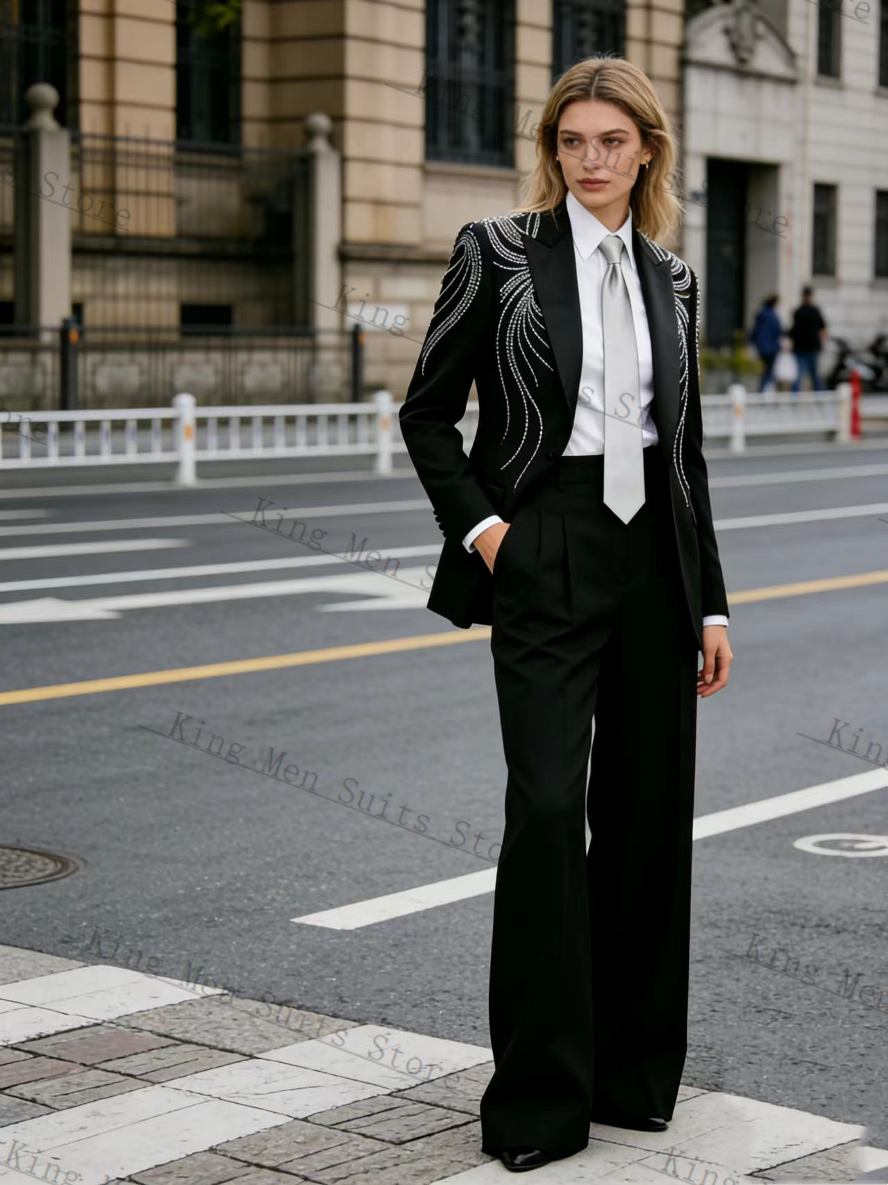 Women Formal Wear Black - ชุดสูทผู้หญิงสีดำ 2 ชิ้น เสื้อเบลเซอร์+กางเกงขายาว ประดับคริสตัล สำหรับฤดูใบไม้ผลิ
