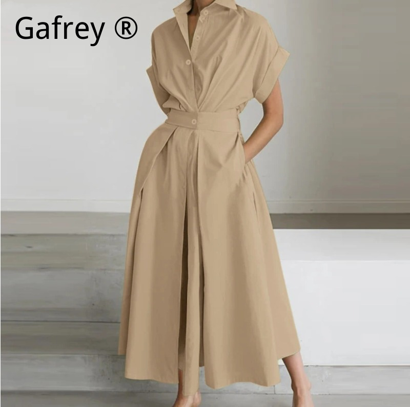 Women'S Formal Wear Cardigan - 5XL 0XL ชุดเดรสผ้าลินินสีพื้นคลาสสิกพร้อมเอวยางยืดสูง แขนสั้น สไตล์คาร์ดิแกน พลัสไซส์