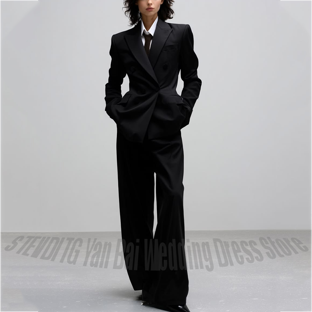 Women Formal Wear Shop - ชุดสูทลำลองสำหรับผู้หญิง สีดำล้วน แขนยาว ปกเสื้อแบบปกแจ็คเก็ต ทรงตรง แฟชั่น