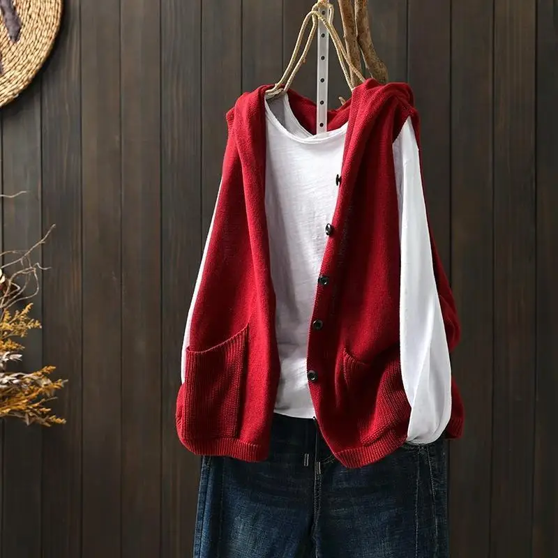 Women'S Formal Wear Cardigan - เสื้อกั๊กสีแดงเสื้อสเวตเตอร์ถักผู้หญิงเสื้อกั๊กมีฮู้ดหญิงเสื้อผ้าหลวมอ่อนเยาว์เสื้อท็อปส์ซูทางการ 2024 สวมใส่ไปทำงานความงาม