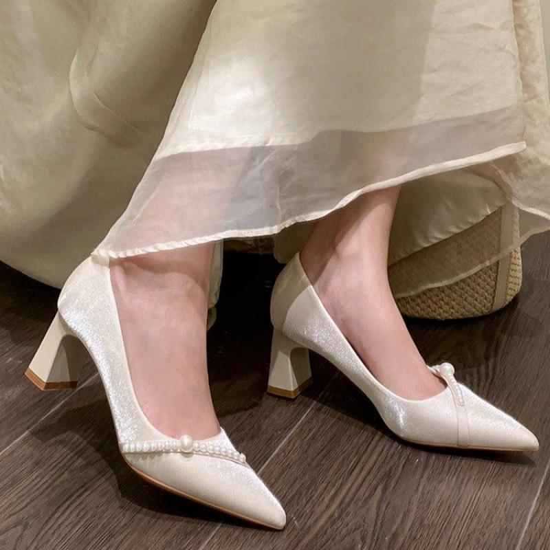 Women Formal Wear For Summer - รองเท้าส้นตึกหัวแหลมประดับมุกสุดหรู สไตล์เรียบง่าย ใส่สบาย เหมาะสำหรับใส่ทำงานสำหรับผู้หญิง