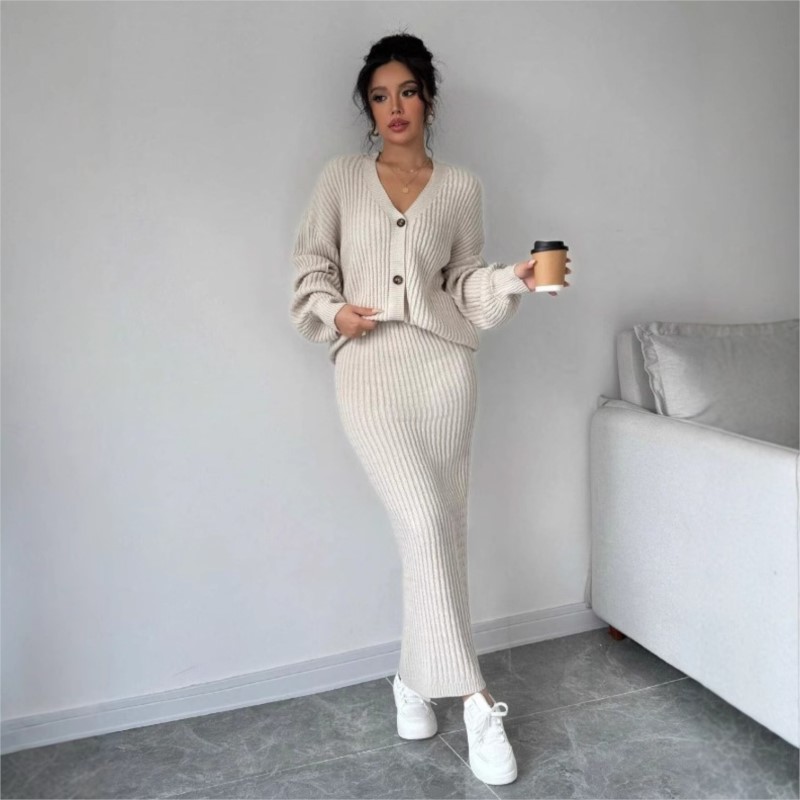 Women'S Formal Wear Cardigan - ชุดเซ็ตสองชิ้น เสื้อไหมพรมถักและกระโปรงยาว สไตล์ลำลอง เสื้อคลุมไหมพรมแบบใหม่ กระโปรงทรงเข้ารูป ฤดูหนาว