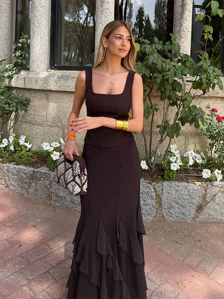 Women Formal Wear For Summer - ชุดกระโปรงผู้หญิงลายปะติดสุดหรู เสื้อแขนกุดคอเหลี่ยมแบบสายเดี่ยว กระโปรงชายระบาย ชุดฤดูร้อน 2026 สำหรับผู้หญิง