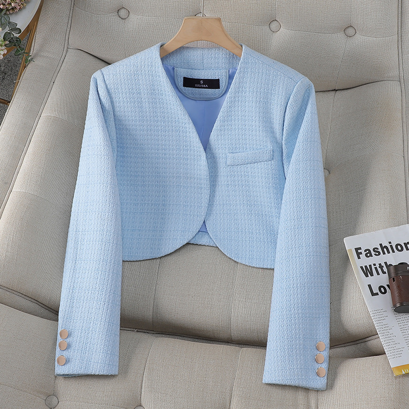 Women'S Formal Wear Cardigan - แฟชั่นผู้หญิงอย่างเป็นทางการ Blazer สุภาพสตรีสีขาวสีฟ้าสีดําแขนยาวเสื้อสเวตเตอร์ถักทํางานสั้นเสื้อแจ็คเก็ตฤดูใบไม้ร่วงหญิงเสื้อ