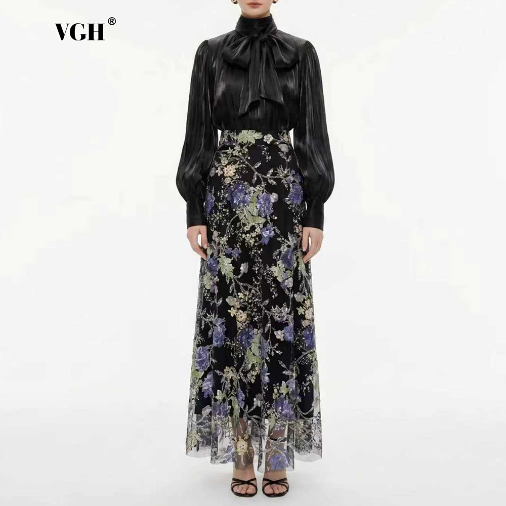 Women Formal Wear Black - VGH ชุดสองชิ้นลายดอกไม้สีดำหรูหราสำหรับผู้หญิงเสื้อแขนยาวคอผ้าพันคอชุดกระโปรงแม็กซี่เอวสูงสำหรับชุดลำลอง