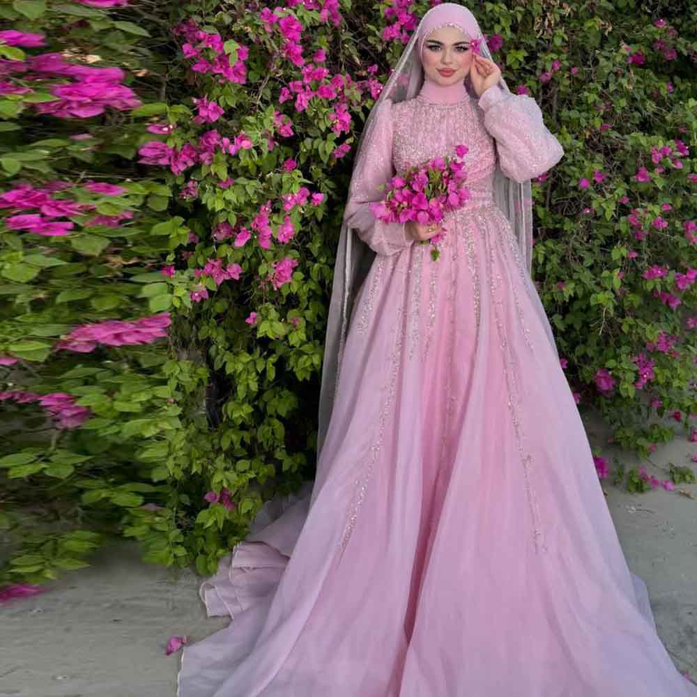 Women Formal Wear Hijab - ชุดราตรีอาบายีหรูหราสั่งตัดพิเศษ ปี 2025 ประดับลูกปัดและเลื่อม พร้อมฮิญาบ แขนยาว
