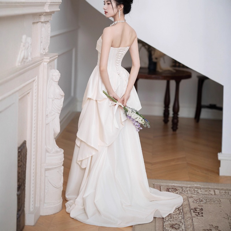 Women Formal Wear For Wedding - ชุดแต่งงานแบบฝรั่งเศสแบบไม่มีสายสำหรับเจ้าสาว, ชุดแต่งงานแบบเรียบง่ายสำหรับผู้หญิง, ชุดแต่งงานแบบเรียบง่าย, สำหรับการจดทะเบียนสมรส, สง่างาม, ชุดยาวสีขาว