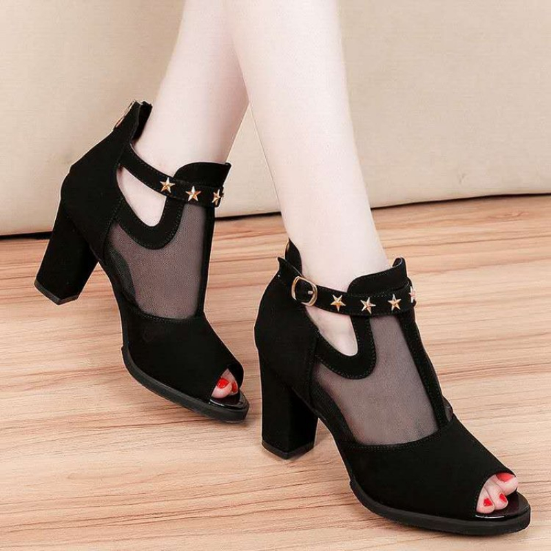 Women Formal Wear For Summer - รองเท้าส้นสูงแบบเปิดนิ้วเท้า สไตล์ตาข่าย ประดับดาว สายรัดข้อเท้า พื้นหนา เหมาะสำหรับใส่ทำงาน