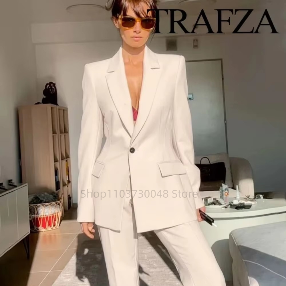 Formal Women'S Wear - แฟชั่นชุดสูทสตรีสำหรับออฟฟิศ เสื้อเบลเซอร์และกางเกงขายาว สีขาว/แดง ชุดทำงานสำหรับผู้หญิง ชุดทำงาน 2