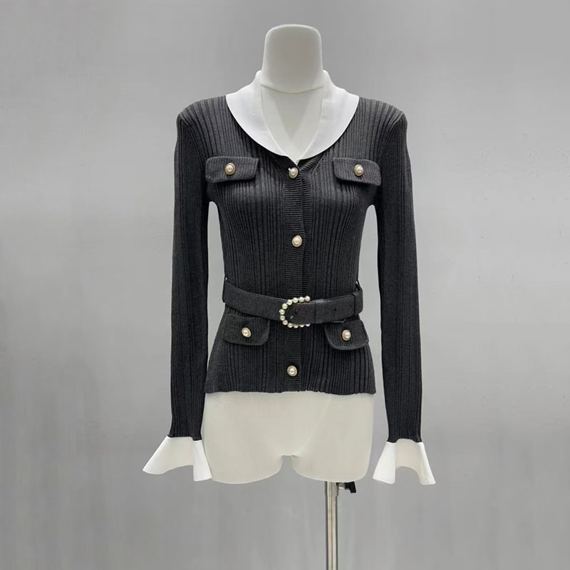 เสื้อคาร์ดิแกนถักคอวีสีตัดกันส - Women'S Formal Wear Cardigan บทวิจารณ์และราคา